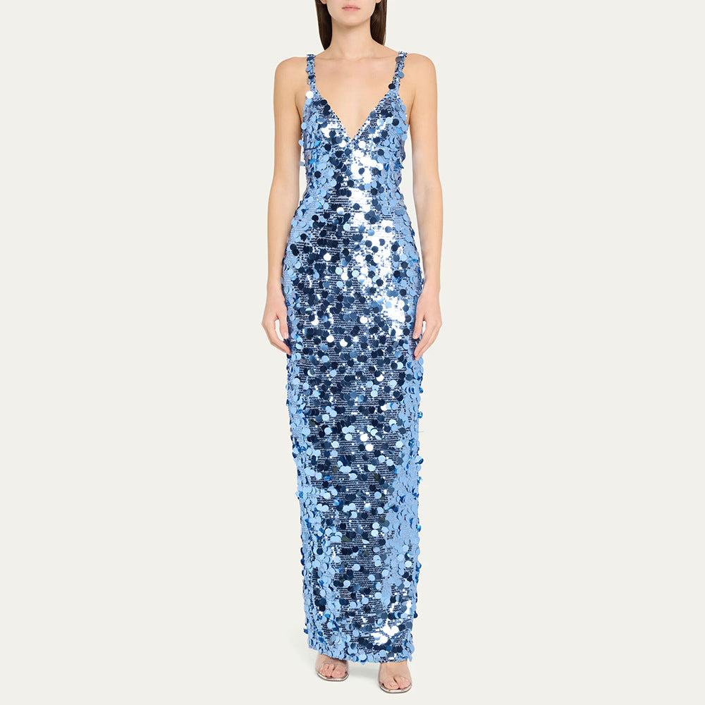 Damen Pailletten Maxikleid mit V-Ausschnitt und schmaler Silhouette Echo Archiv