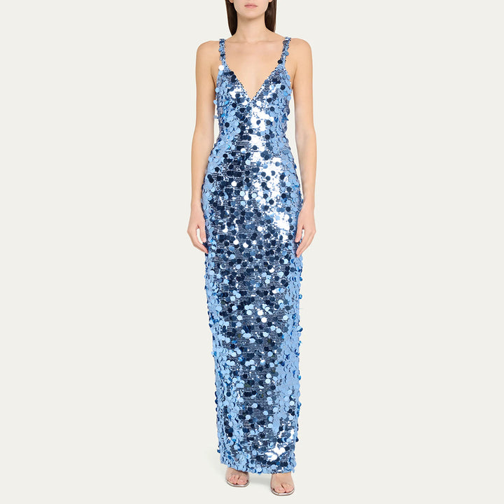 Damen Pailletten Maxikleid mit V-Ausschnitt und schmaler Silhouette Echo Archiv
