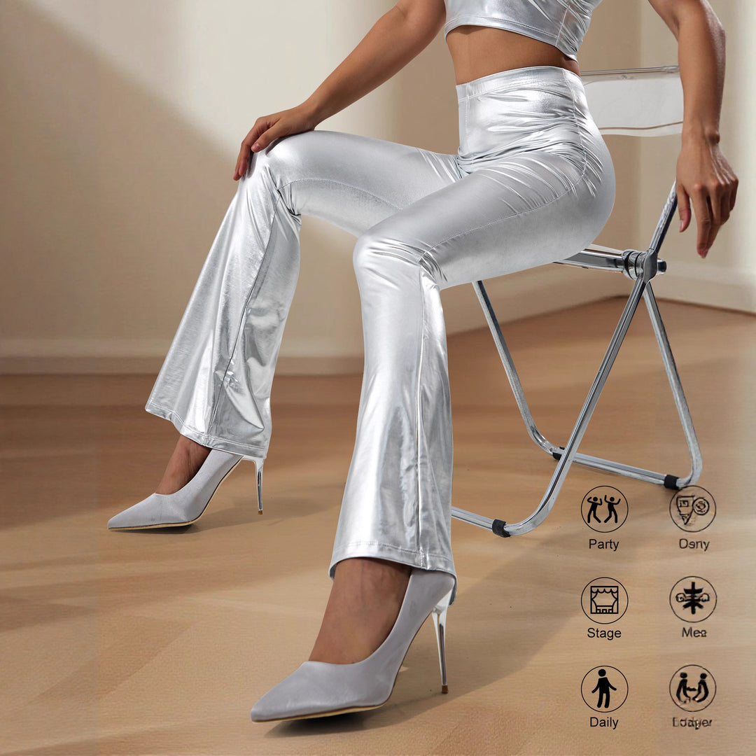 Damen High-Waist Metallic-Schlaghose mit formendem Stretchbund und eleganter Bootcut-Passform echoarchiv-