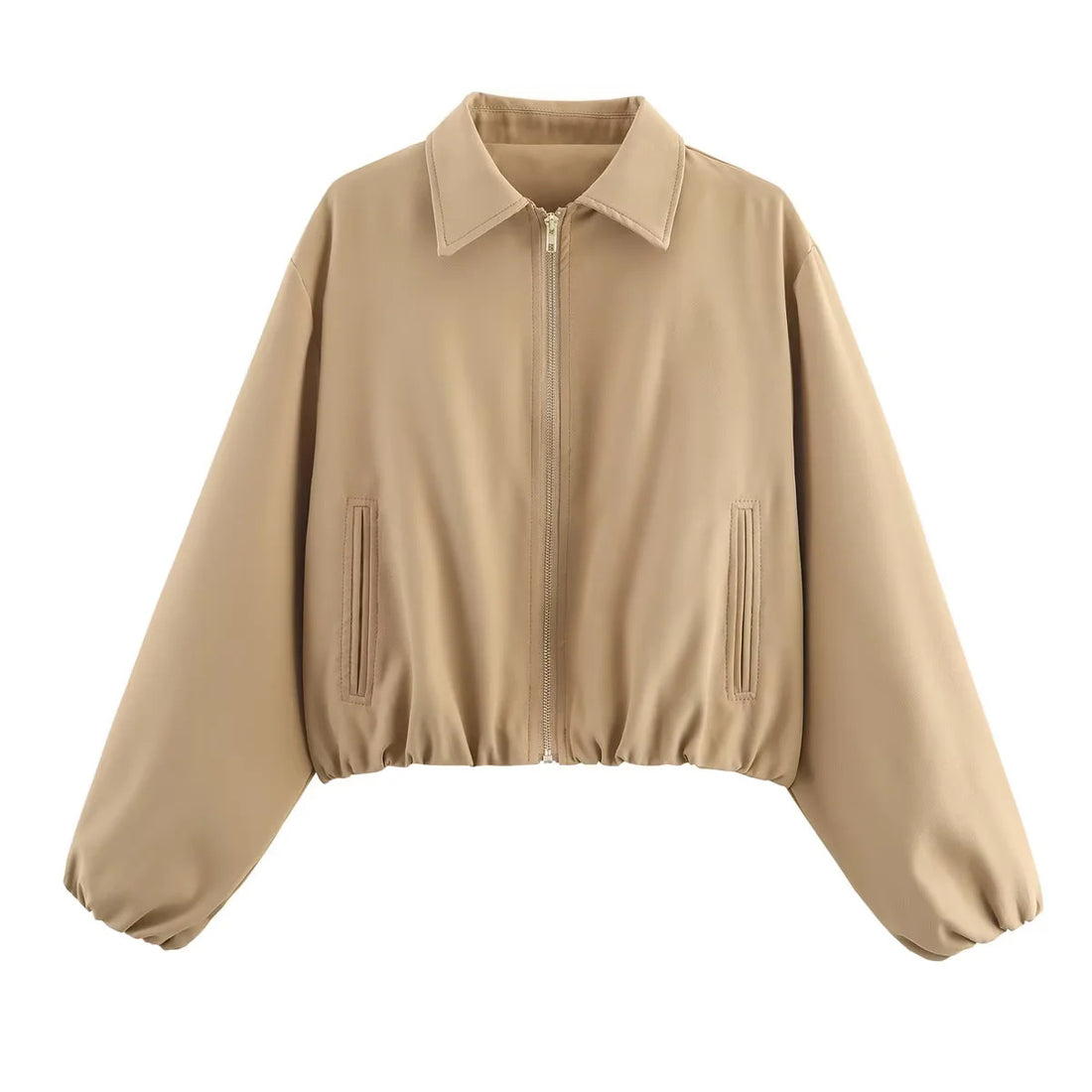Damen cropped Blousonjacke mit Reißverschluss, Hemdkragen, Eingrifftaschen und elastischem Saum – Célinea