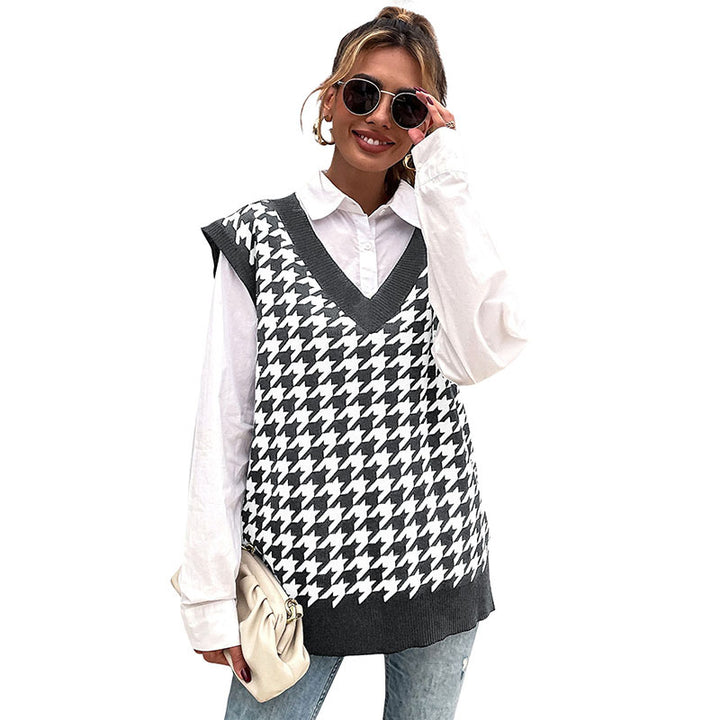Damen Hochwertiger Strickpullover mit V-Ausschnitt und Hahnentrittmuster Echo Archiv