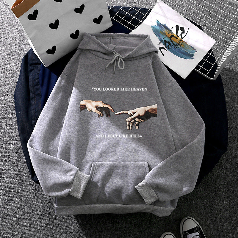 Damen Oversize Kapuzenpullover mit Kängurutasche und Renaissance‑Handmotiv, weiches Fleece Innenfutter – Auréline