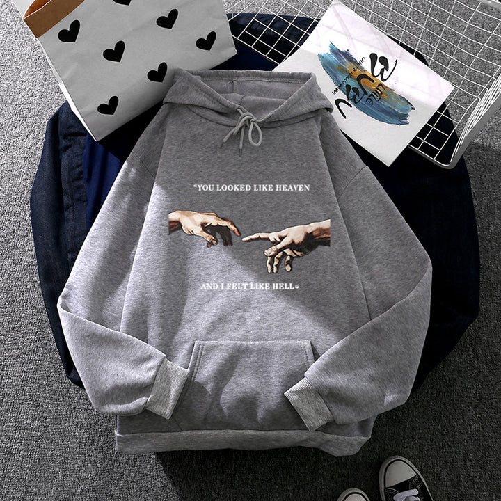Damen Oversize Kapuzenpullover mit Kängurutasche und Renaissance‑Handmotiv, weiches Fleece Innenfutter – Auréline