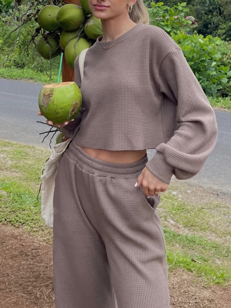 Damen geripptes Cropped-Lounge-Set mit Ballonärmeln und High-Waist Palazzo-Hose – Élanora