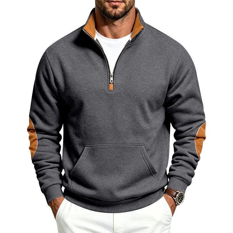 Herren Sweatshirt mit halbem Reißverschluss, Stehkragen und Ellenbogen-Patches Echoarchiv
