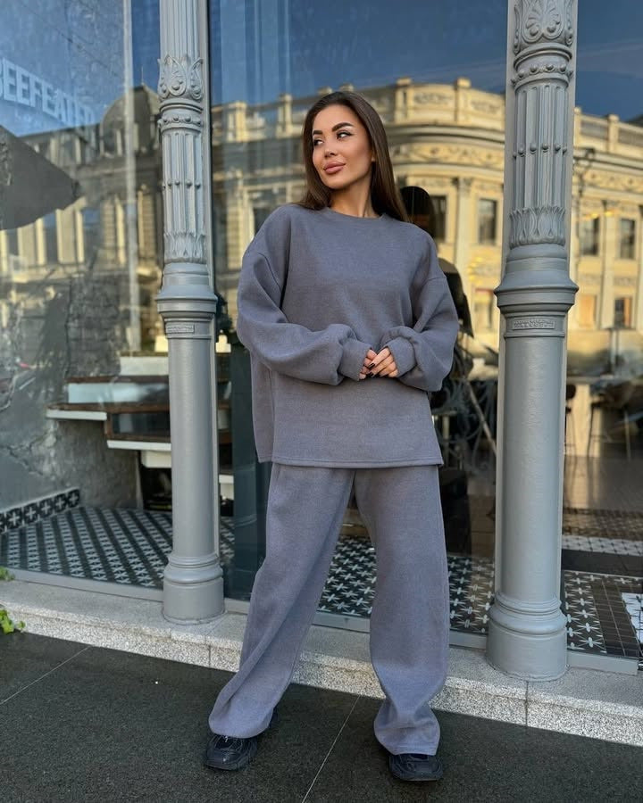 Damen Weiches Oversized-Strick-Loungewear-Set mit legerem Rundhals-Pullover und weiter Komforthose – Mavelle