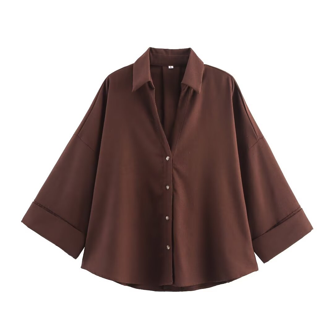 Damen nan lockere oversized Hemdbluse mit weitem Kragen und Dreiviertelärmeln Echo Archiv