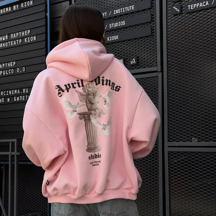 Damen oversized Kapuzenpullover mit Engels-Print und kunstvollem Rückendruck – Auréline