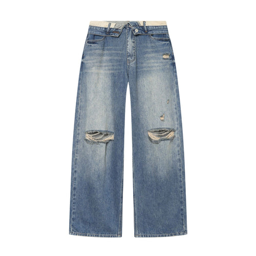 Damen Highwaist Jeans mit weitem Bein, Destroyed‑Details und ausgefranstem Saum – Dénora