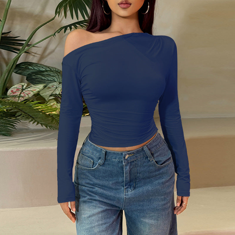 Damen Langarm-Crop-Top mit asymmetrischem Ausschnitt und Raffung Echo Archiv
