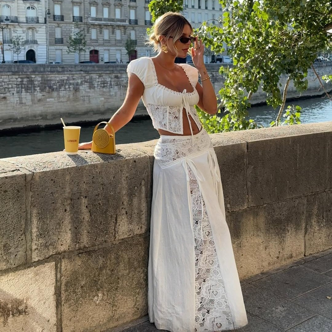 Damen Spitzen Crop-Top mit Puffärmeln Echo Archiv