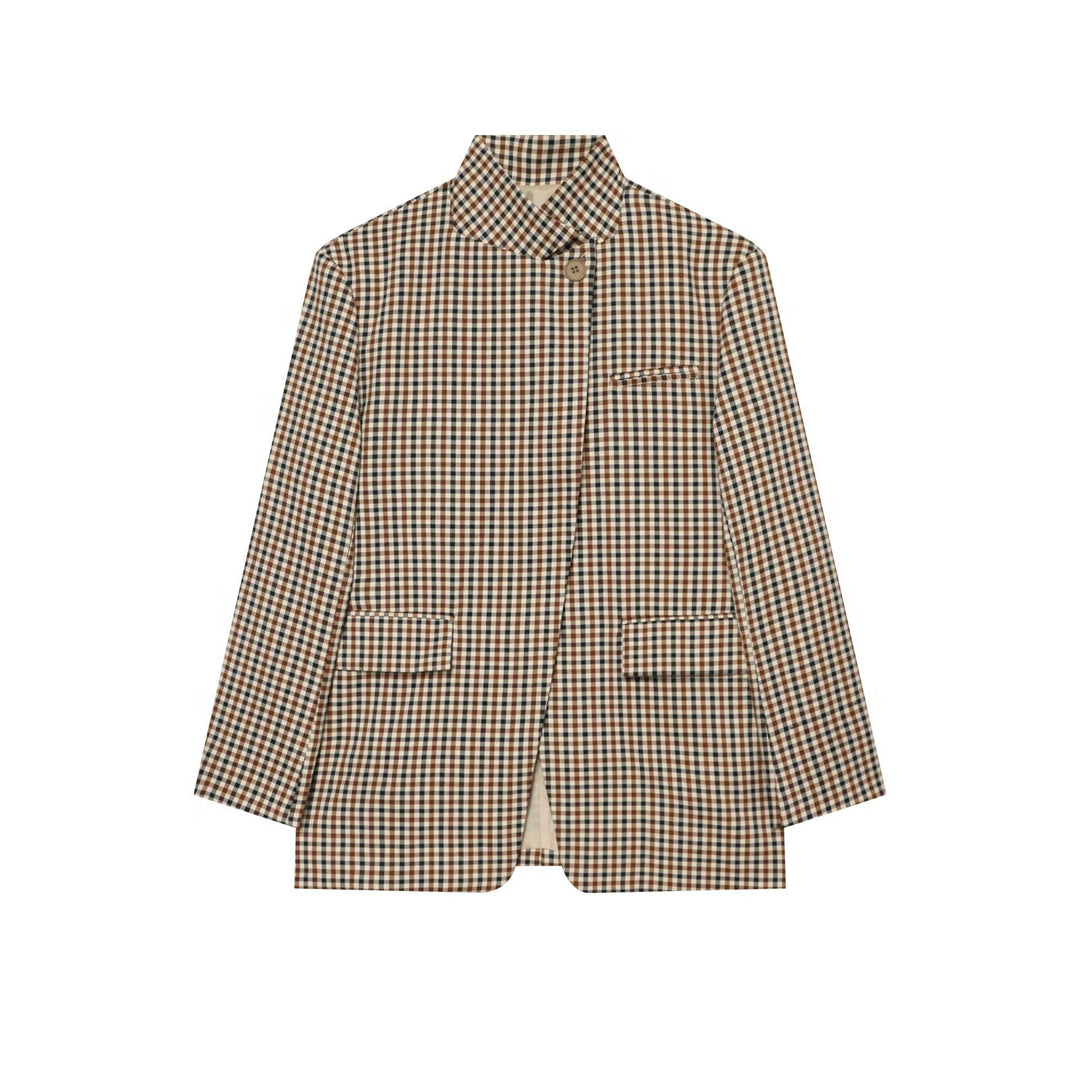 Damen Karierter Longblazer mit Stehkragen, verdeckter Knopfleiste und Pattentaschen Echoarchiv