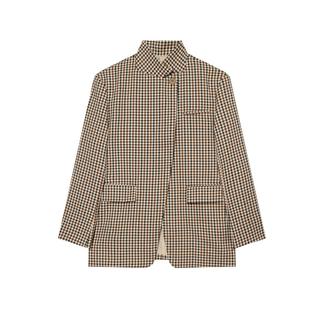 Damen Karierter Longblazer mit Stehkragen, verdeckter Knopfleiste und Pattentaschen Echoarchiv