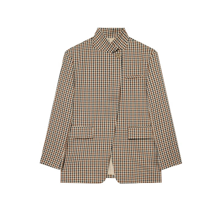 Damen Karierter Longblazer mit Stehkragen, verdeckter Knopfleiste und Pattentaschen Echoarchiv