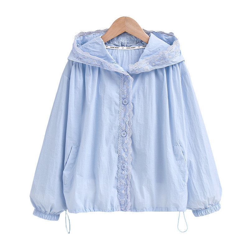 Damen nan leichte Kapuzenjacke mit Spitzendetail, elastischem Saum und Eingrifftaschen Echo Archiv