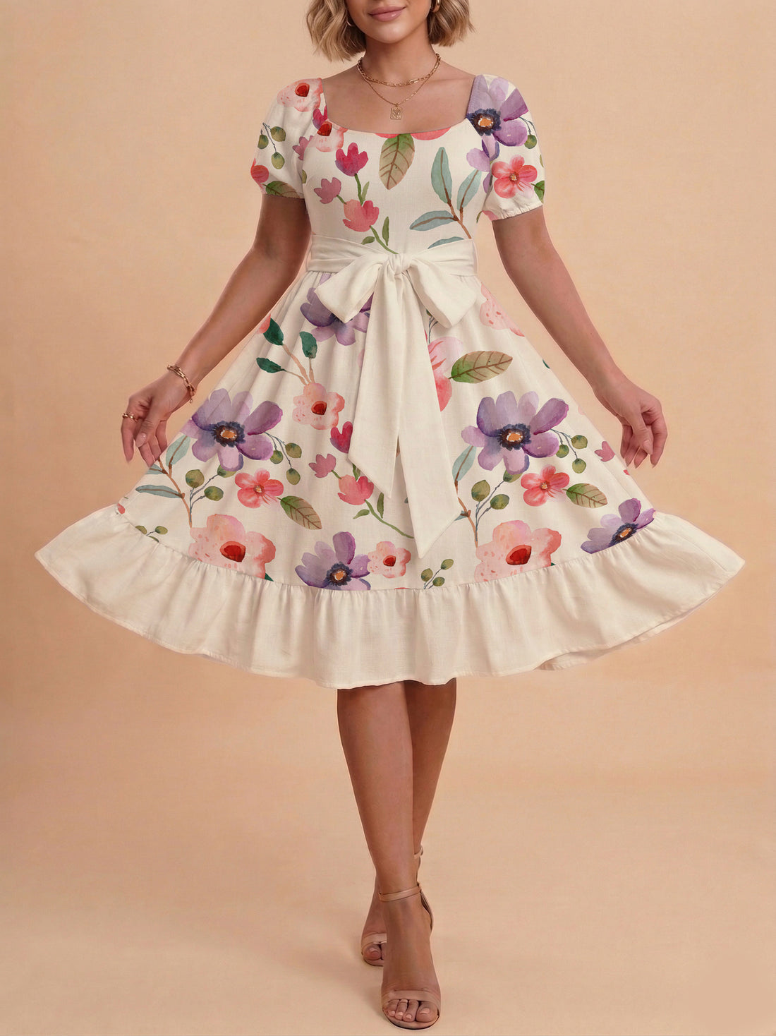 Damen elegantes Maxikleid mit floralem Design und Taillengürtel – Valéora