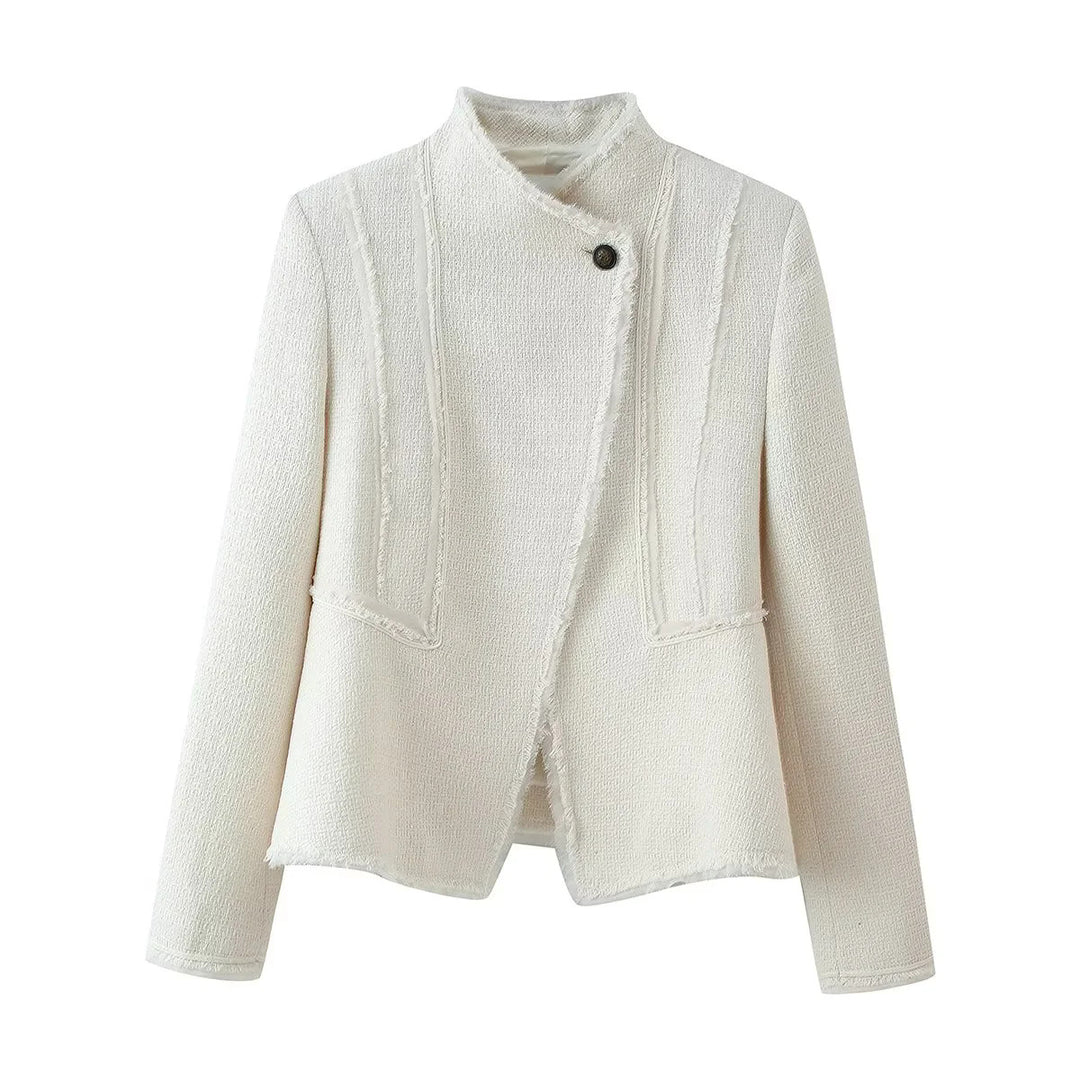 Damen nan taillierte Bouclé-Jacke mit Stehkragen, Zierriegel und dezenten Fransen Echo Archiv