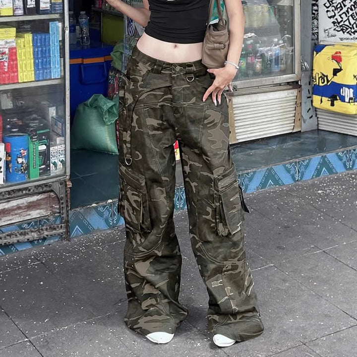 Damen High-Waist Oversized Cargo-Cordhose mit Multi-Pocket und D-Ring – Avélisse