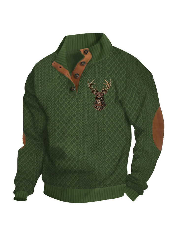 Herren nan Heritage-Strukturpullover mit Stehkragen Lederimitat-Besatz Ellenbogen-Patches und Halbknopfleiste Echo Archiv