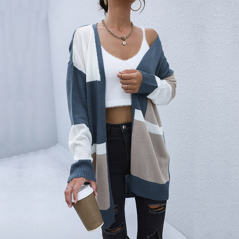 Damen Oversize-Longcardigan mit Colorblock-Design, offener Front und gerippten Bündchen Echoarchiv