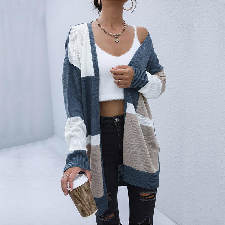 Damen Oversize-Longcardigan mit Colorblock-Design, offener Front und gerippten Bündchen Echoarchiv