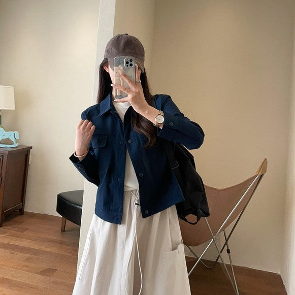 Damen Kurze Overshirt-Jacke aus leichtem Baumwollmix mit Brusttaschen Echoarchiv