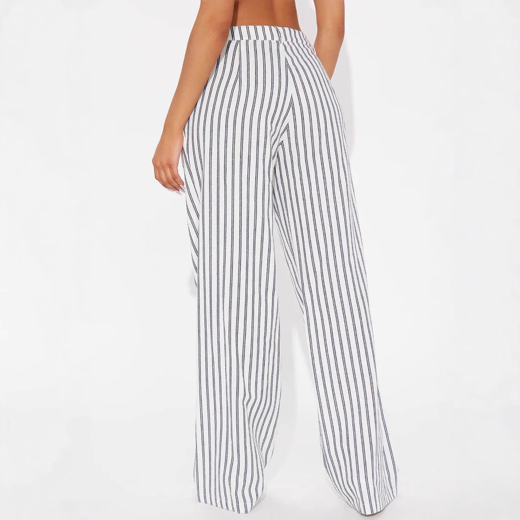 Damen Leinenoptik Palazzo-Hose mit hoher Taille und vertikalen Streifen – Avérine