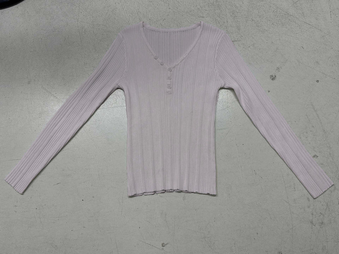 Damen nan feinstrukturierter Rippstrick-Longsleeve mit V-Ausschnitt, Henley-Knopfleiste und taillierter Passform Echo Archiv