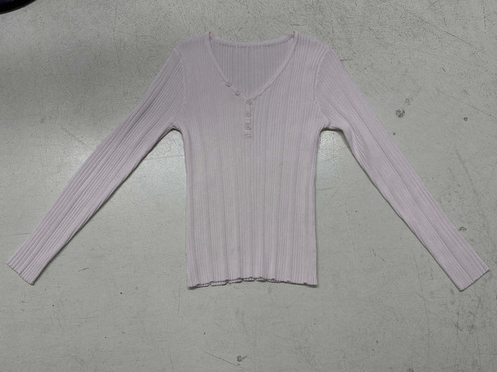 Damen nan feinstrukturierter Rippstrick-Longsleeve mit V-Ausschnitt, Henley-Knopfleiste und taillierter Passform Echo Archiv