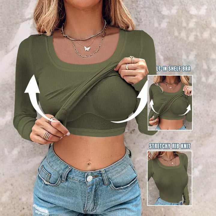 Damen Cropped Rippenstrick Langarmshirt mit integriertem Bustier Echoarchiv