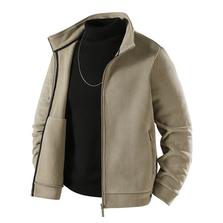 Herren Schlichte Velours-Optik Übergangsjacke mit hochschließendem Stehkragen, verdecktem Zwei-Wege-Reißverschluss & Zip-Taschen Echoarchiv