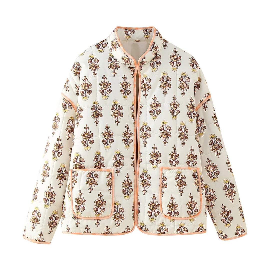 Damen 600+ gesteppte bestickte Taillengürtel‑Jacke mit floralem Muster und Stehkragen Echo Archiv