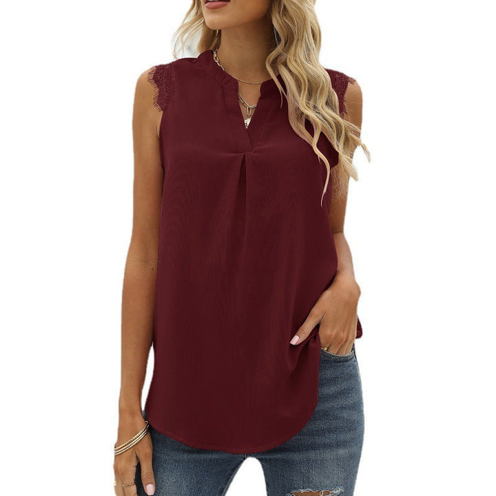Damen Ärmelloses Blusenshirt mit Elegantem Spitzeneinsatz und Modischen Falten Echoarchiv
