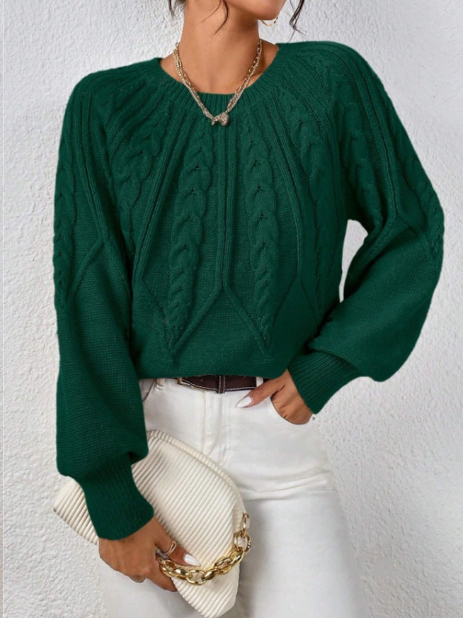 Damen nan kurzer Zopfmuster-Strickpullover mit Ballonärmeln und geripptem Saum Echo Archiv