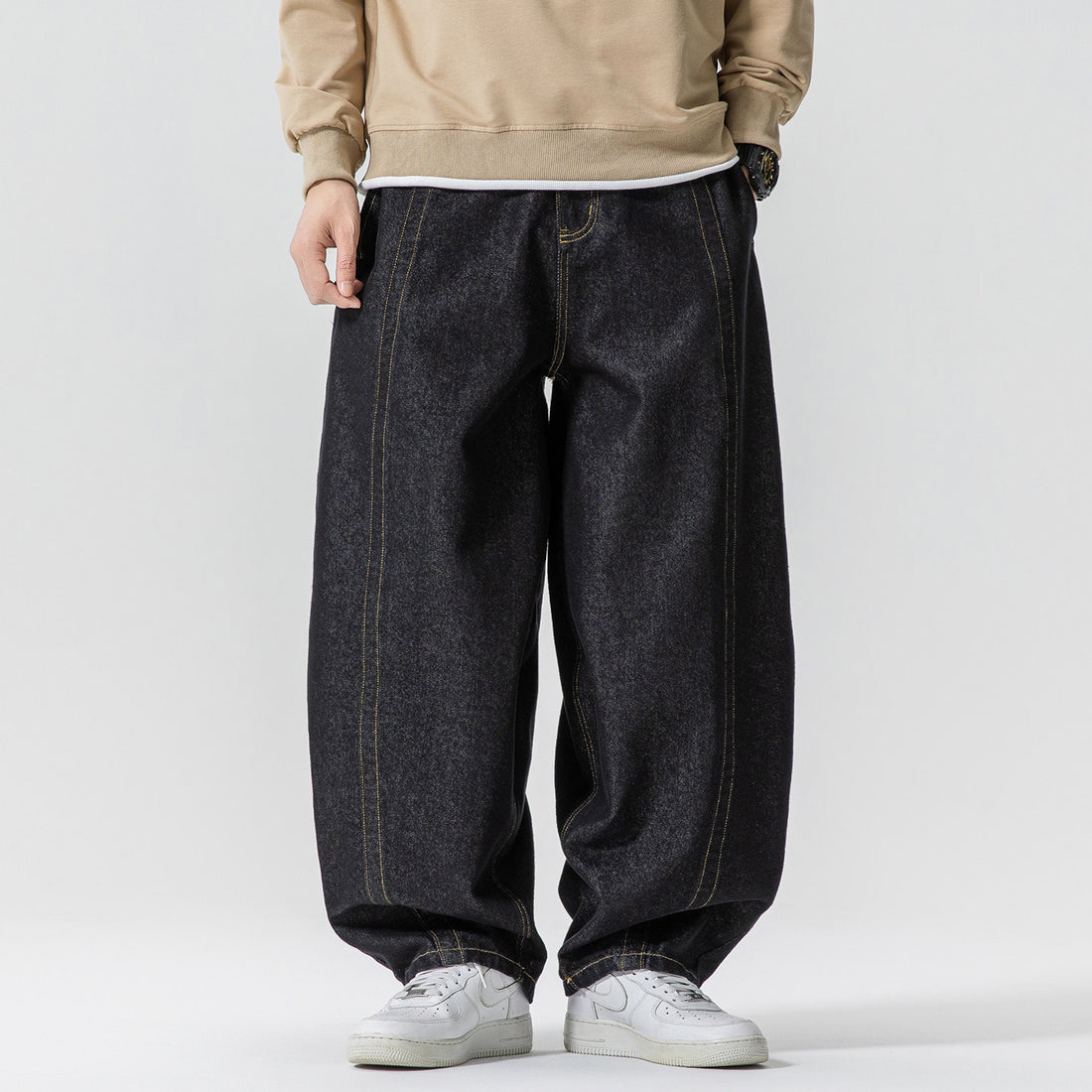 Herren Baggy-Denim-Hose mit extra weitem Bein, tiefem Schritt und sichtbaren Kontrastnähten Echo Archiv