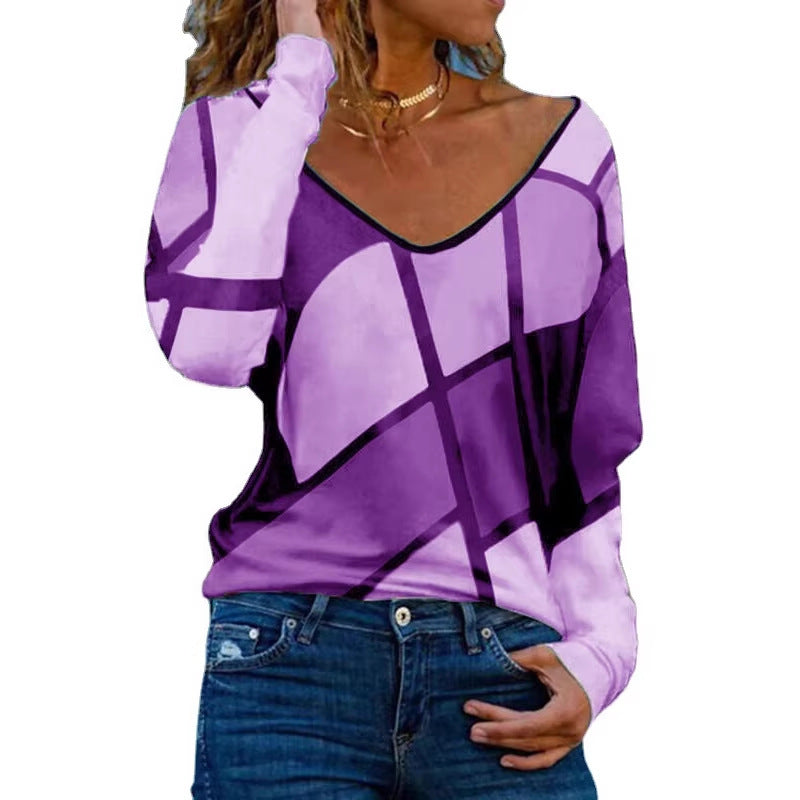 Damen Loose V-Ausschnitt Langarmshirt mit geometrischem Blockdruck und Oversized Passform – Avérine