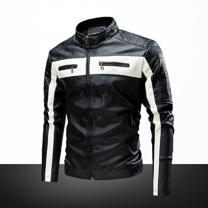 Herren Biker-Lederjacke im Retro-Rennstil mit Stehkragen und Kontraststreifen – Valtoré
