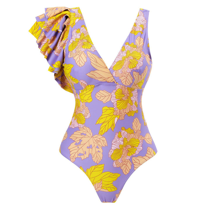 Damen Eleganter Einteiler Badeanzug mit floralen Rüschendetails Echo Archiv