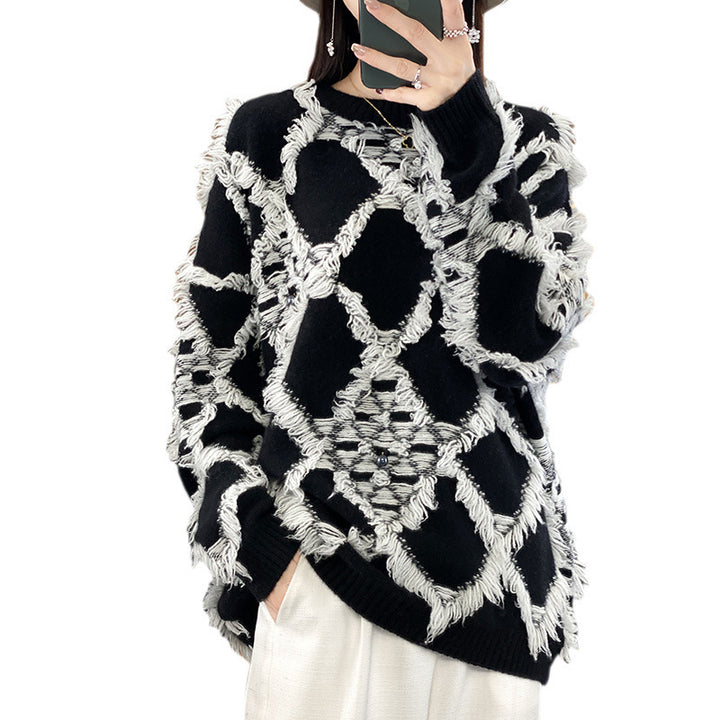 Damen Oversize-Strickpullover mit Fransen‑Diamantmuster und weicher Mohair‑Optik Echoarchiv