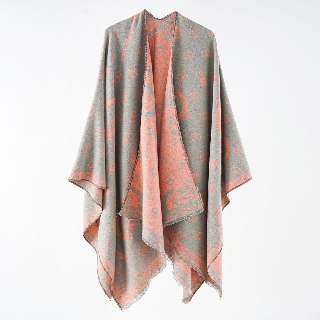 Damen Wendbarer Jacquard-Überwurf mit Fransen und großzügiger Wrap-Silhouette Echo Archiv
