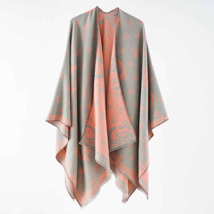 Damen Wendbarer Jacquard-Überwurf mit Fransen und großzügiger Wrap-Silhouette Echo Archiv