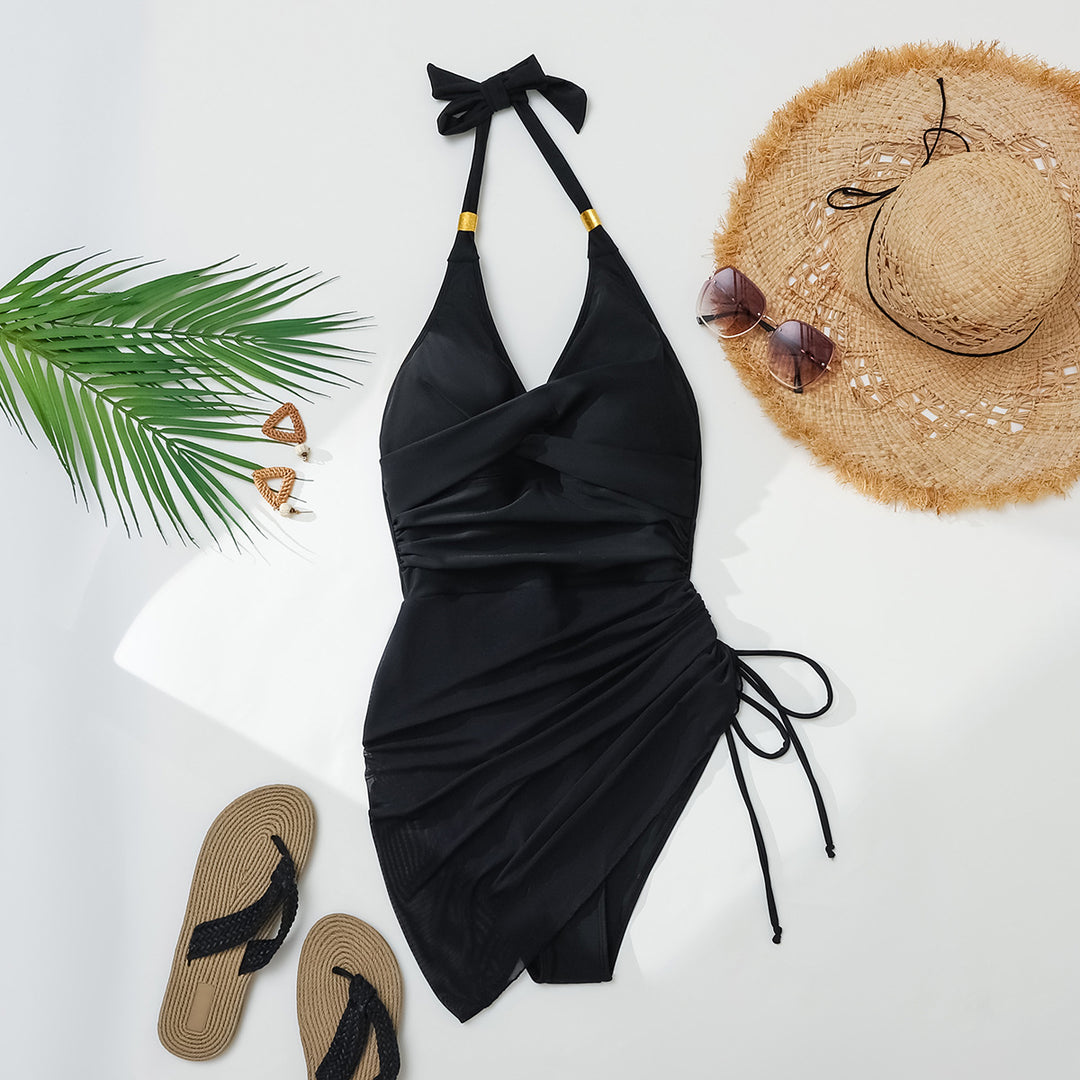 Damen Eleganter Badeanzug mit Wickeldesign und goldenen Akzenten Echo Archiv