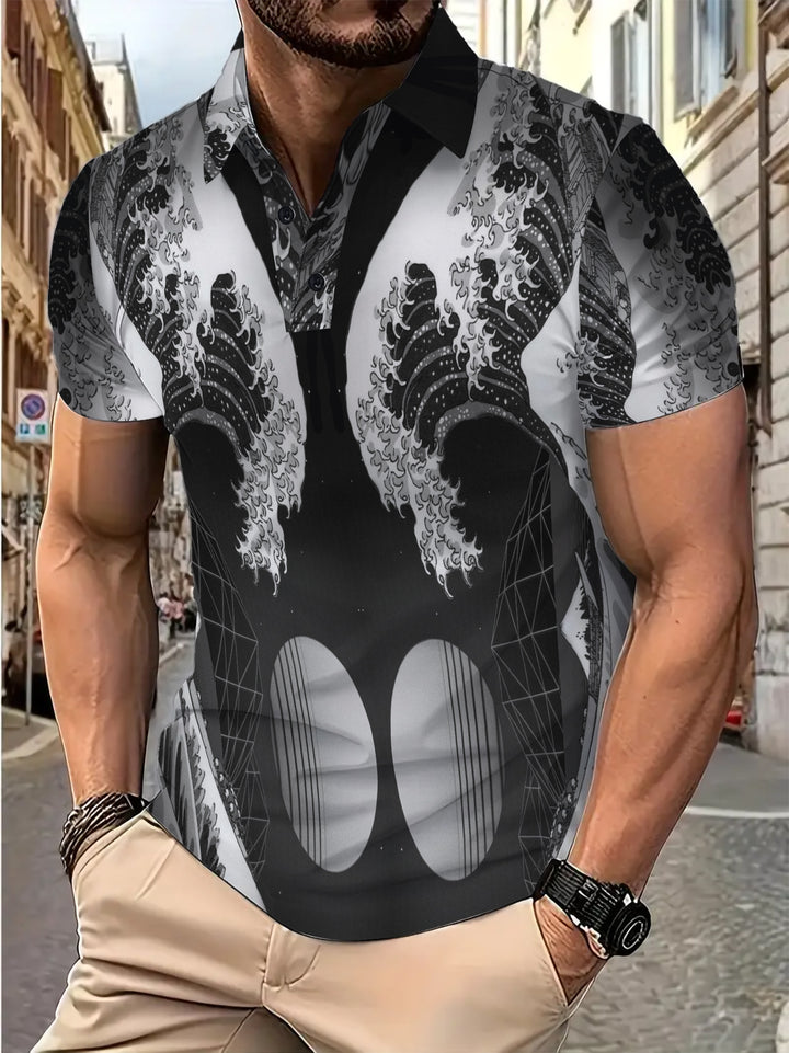 Herren Poloshirt mit künstlerischem Wellendesign und modernem Schnitt Echoarchiv