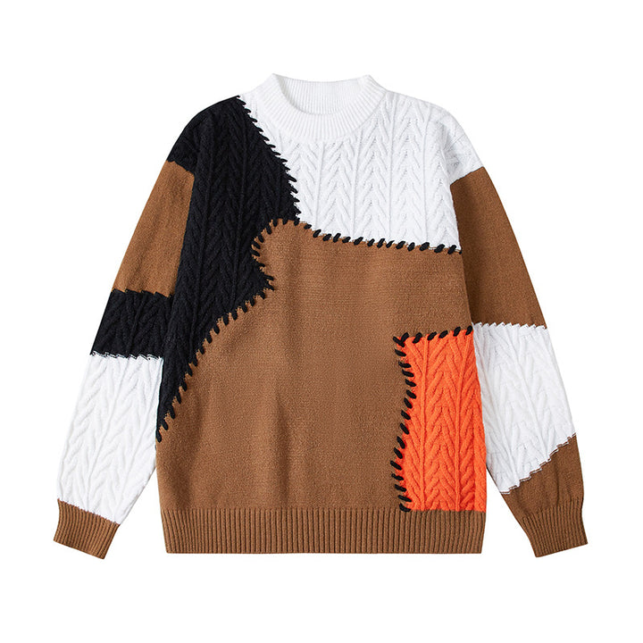 Herren nan strukturierter Patchwork-Strickpullover mit Zopfmuster und Rundhals Echo Archiv
