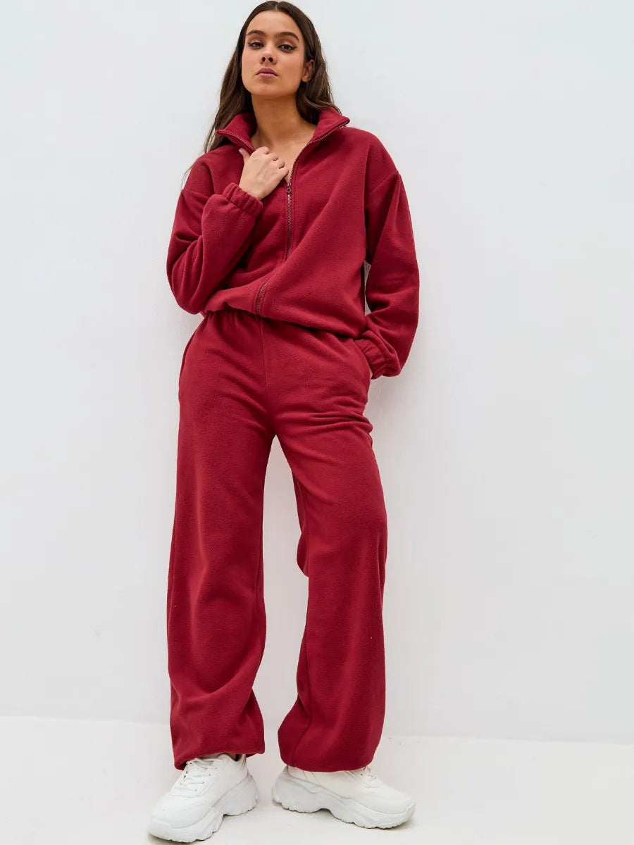 Damen ultrasoftes Microfleece-Set mit kurzer Stehkragen-Zipjacke und weitem High‑Waist Loungehose – Auréline