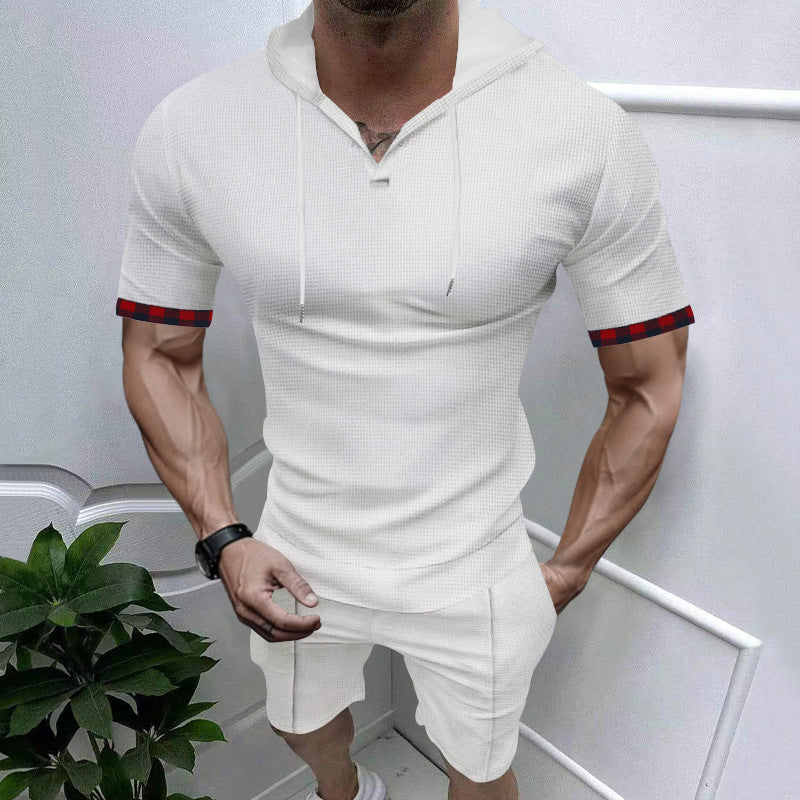 Herren sportliches Kurzarm-Hemden- und Shorts-Set mit Kapuze und kontrastierenden Ärmelabschlüssen Echoarchiv