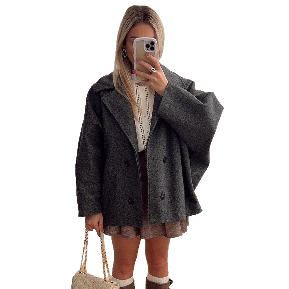 Damen Boxy-Wollmix-Cocoon-Jacke mit doppelreihiger Knopfleiste und weitem Revers Echoarchiv
