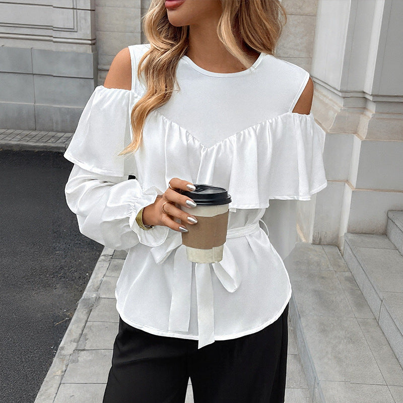 Damen Elegant-Volant-Bluse mit Cut-Out-Schulter und Bindegürtel Echoarchiv
