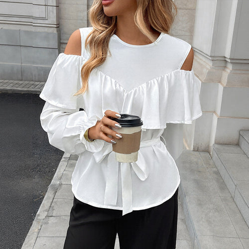 Damen Elegant-Volant-Bluse mit Cut-Out-Schulter und Bindegürtel Echoarchiv