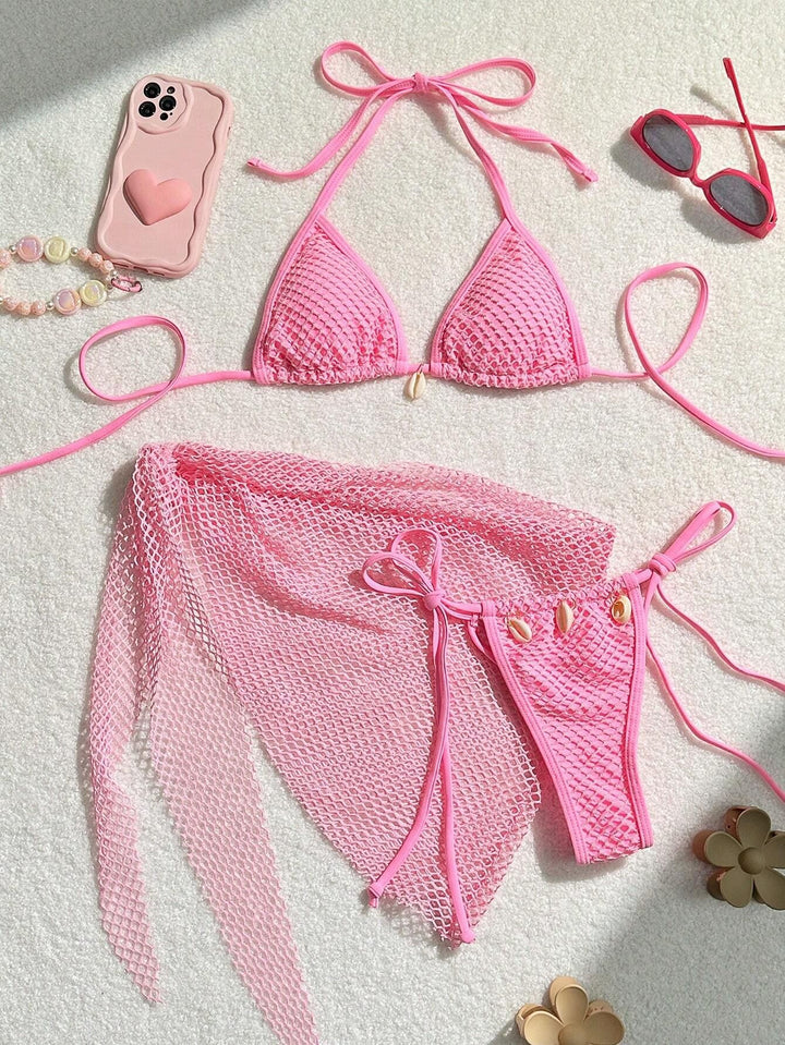 Damen Triangel-Bikini mit transparentem Netzgewebe und Schnürdetails Echo Archiv
